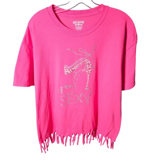 Gildan Pink DryBlend Sexy Diva Rhinestone Fringe Tee Large - Picture 1 of 5
